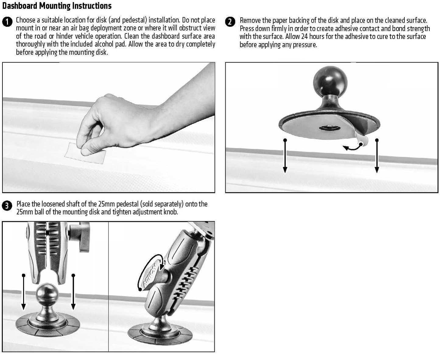 ARKON Mounts 70mm Extra Strength VHB Adhesive Base to 25mm Ball Mounting Disk for Car Dashboards