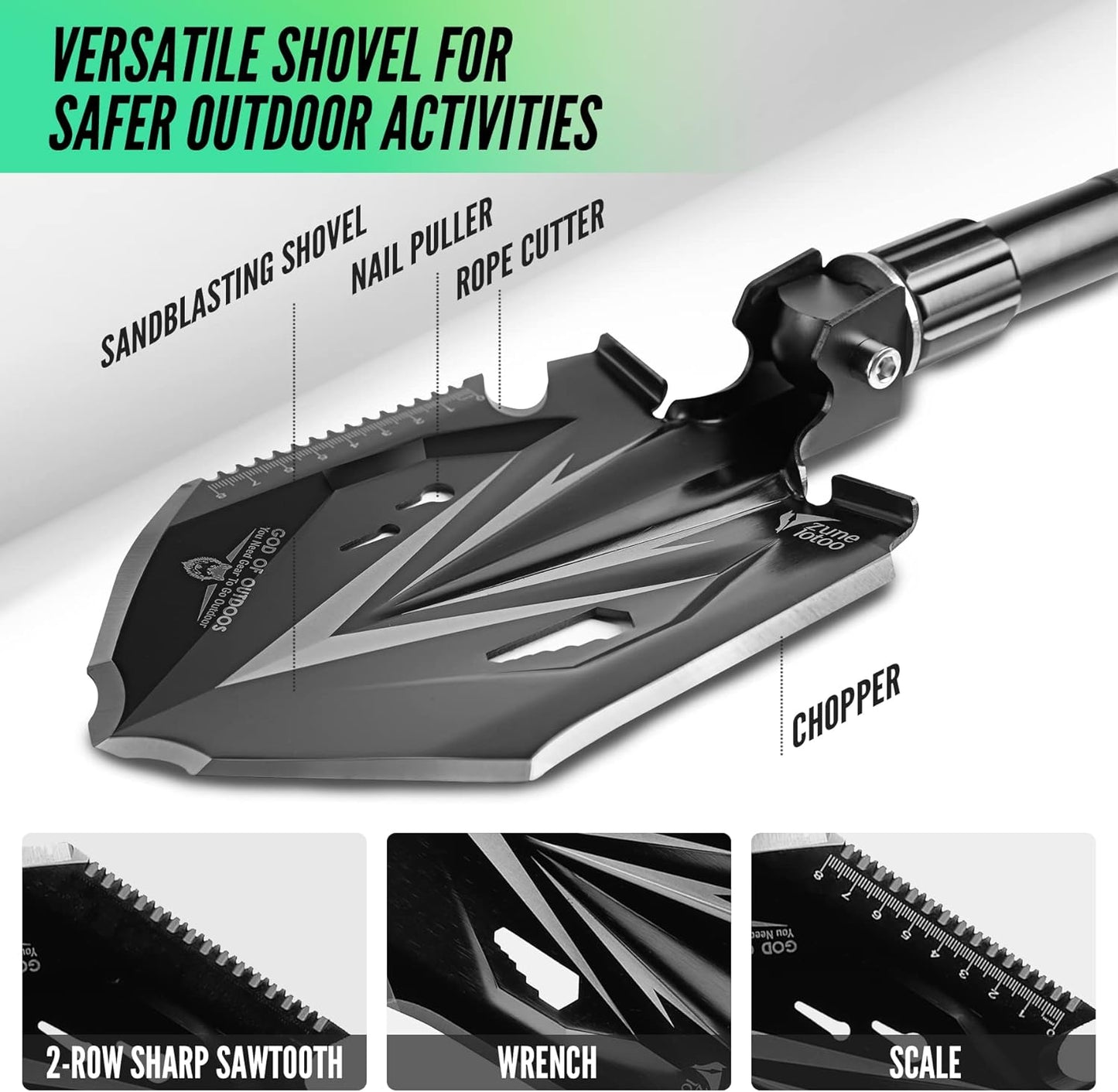 Zune Lotoo Tactical Shovel Survival Tool, 18 in 1 Small Camping Folding Multitool Compact Entrenching Tool Heavy Duty for Hiking Backpack Emergency Spade Lightweight Car Truck Gift Survivalist,Black