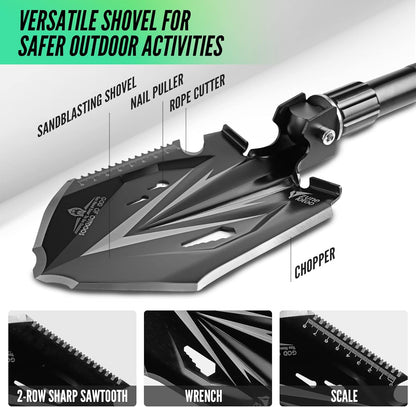 Zune Lotoo Tactical Shovel Survival Tool, 18 in 1 Small Camping Folding Multitool Compact Entrenching Tool Heavy Duty for Hiking Backpack Emergency Spade Lightweight Car Truck Gift Survivalist,Black