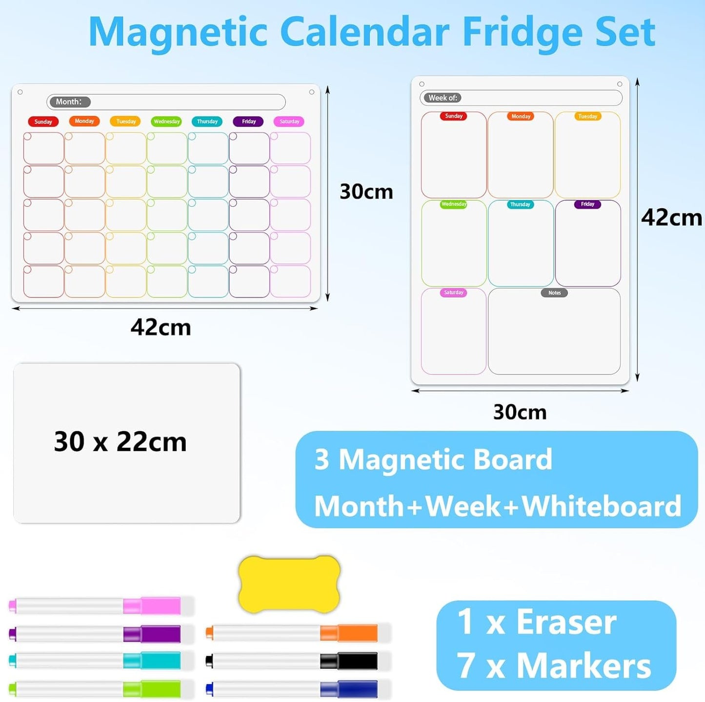 Magnetic Dry Erase Calendar Whiteboard Set (3-Pack) – 1 Monthly Planner 1 Weekly Planner and 1 Whiteboard with 7 Markers & Eraser for Fridge, Wall and Home Organization