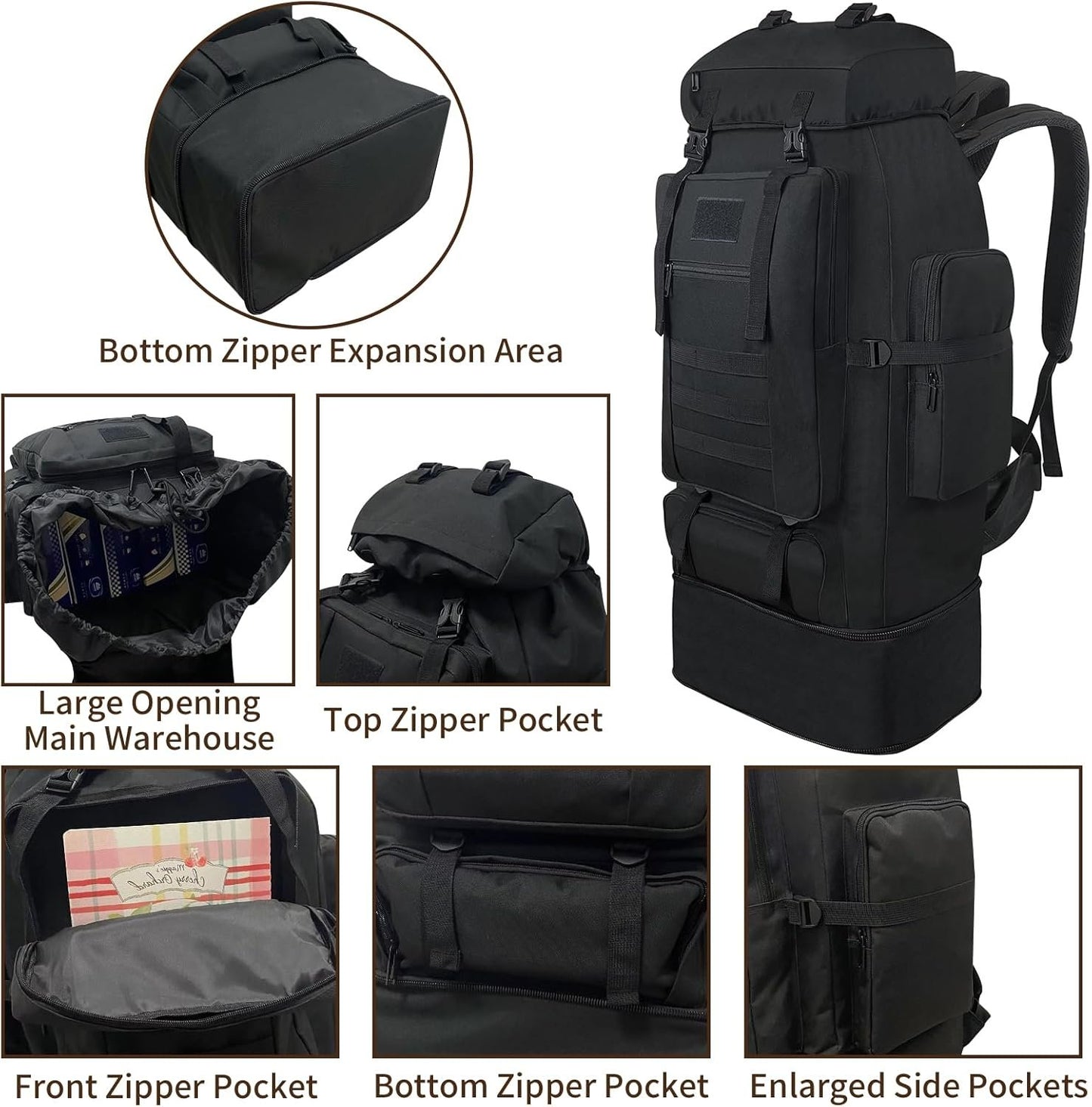 Vaupan Hiking Backpack, 100L Large Camping Backpack, Expandable Waterproof Molle Rucksack, Outdoor Daypack for Men Women