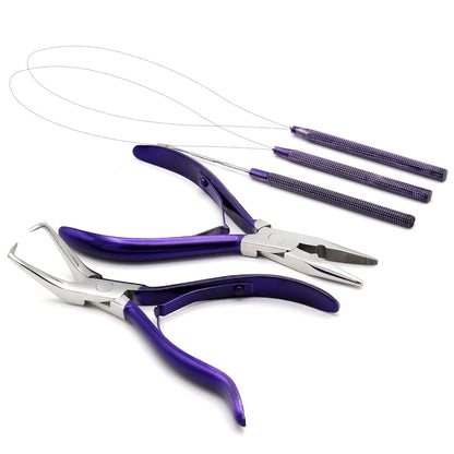 Professional Hair Extension & Beading Tool Kit Remove Plier Set for beads (4 Piece) I-Link Micro Ring Loop Needle Pulling Hook Threader Wire for Silicone Rings (Purple)