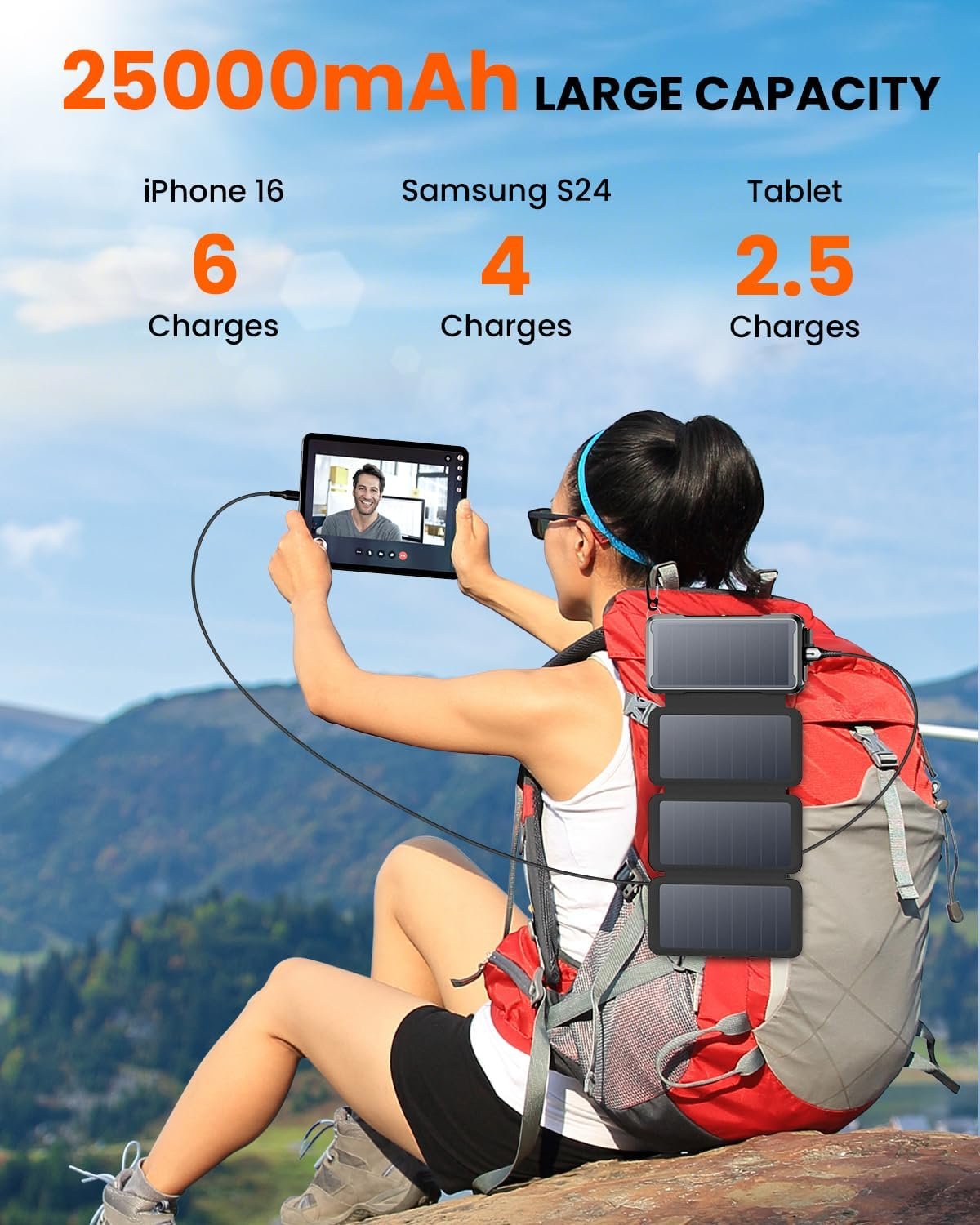 SOARAISE Wireless Solar Power Bank, 25000mAh Solar Charger with Built-in 3 Cables, Dual Outputs, 4 Solar Panels & 3 LED Flashlights Battery Pack for Outdoor Camping（Black）