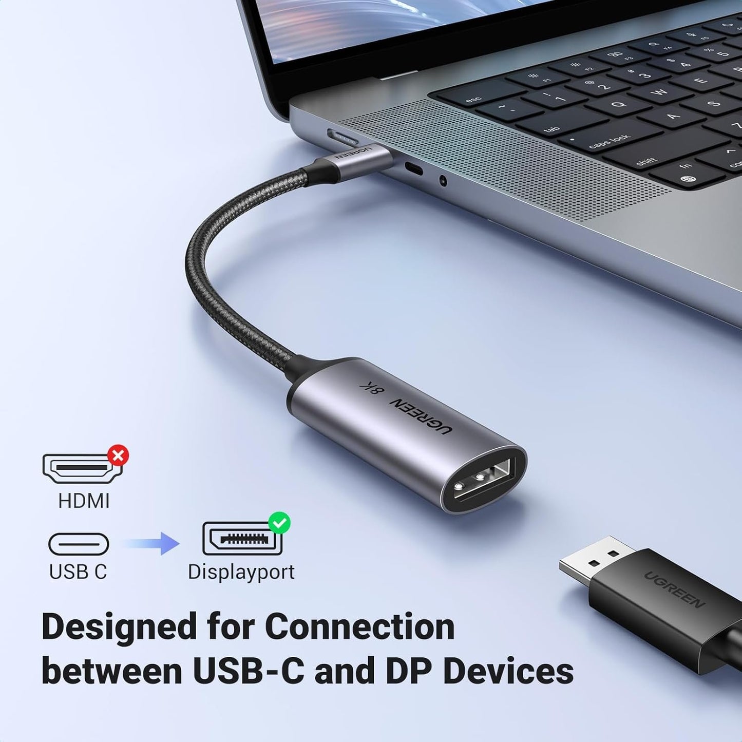 UGREEN 8K@60Hz USB C to DisplayPort 1.4 Adapter Cable 4K 240Hz HDR Thunderbolt 4 to Dp Converter Aluminum Braided Compatible with iPhone 16/15 Series Galaxy MacBook Pro/Air iPad Pro Galaxy S23 Dell