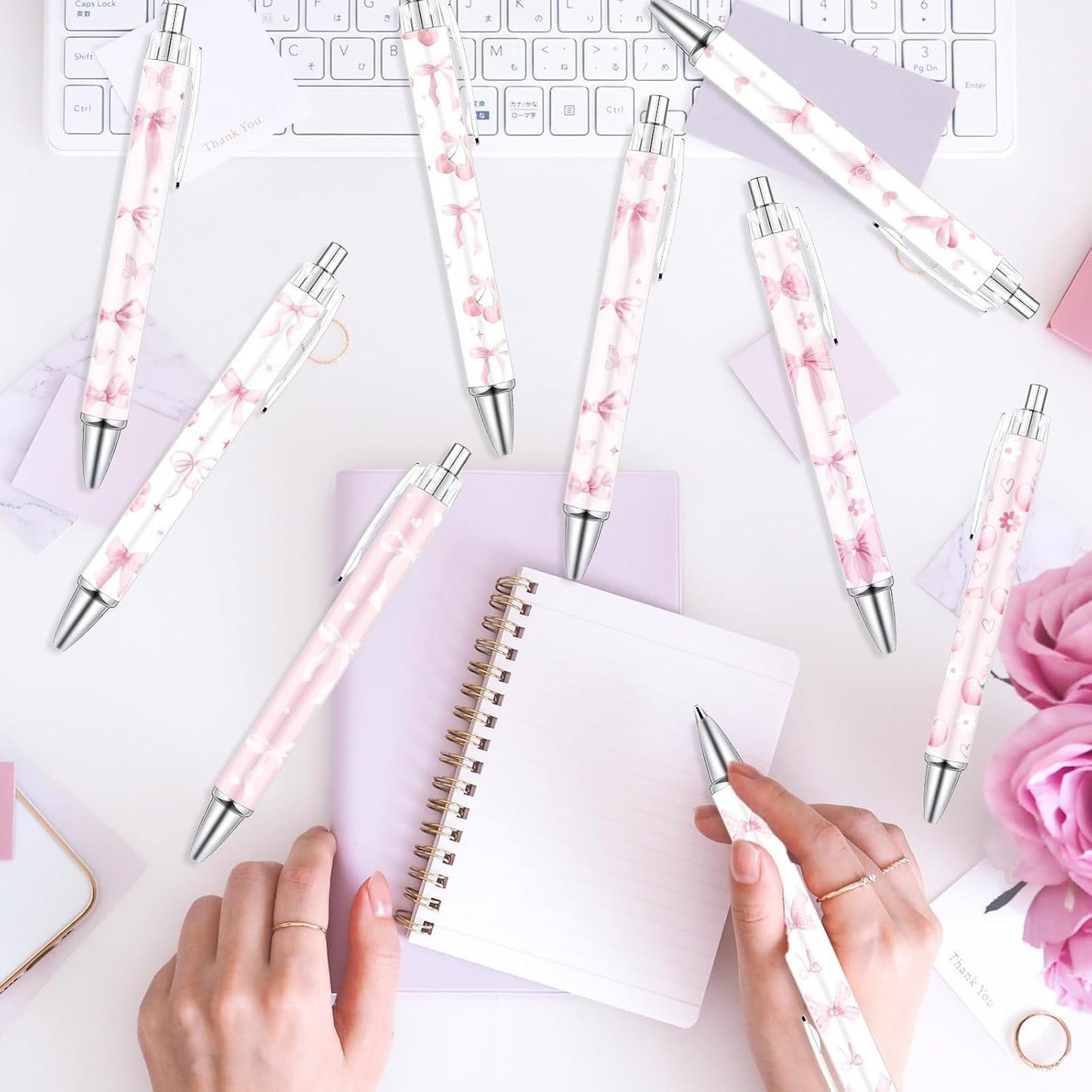 Wxiben Coquete Bows Ballpoint Pens - 24PCS Pink Ribbon Bows Pens Set Cute Cherries Smooth Writing Pens Retractable Pink Conquette Bow Pen for Office Stationery School Supplies for Women Teacher Gifts