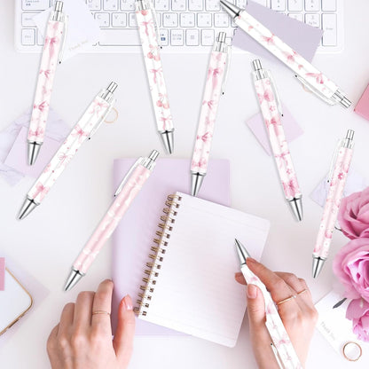 Wxiben Coquete Bows Ballpoint Pens - 24PCS Pink Ribbon Bows Pens Set Cute Cherries Smooth Writing Pens Retractable Pink Conquette Bow Pen for Office Stationery School Supplies for Women Teacher Gifts