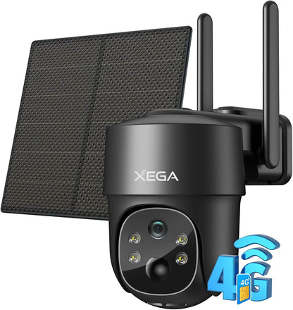 Xega 3G/4G LTE Outdoor Solar Surveillance Camera with SIM Card - 2K HD 3MP PTZ Wireless Camera Without WLAN Outdoor Battery, 355Â°/90Â° Swivel, Colour/IR Night Vision, 2-Way Audio, PIR Detection, IP66