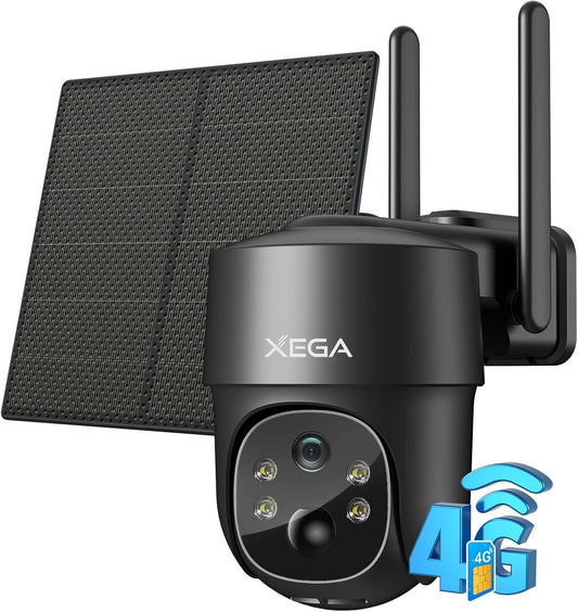 Xega 3G/4G LTE Outdoor Solar Surveillance Camera with SIM Card - 2K HD 3MP PTZ Wireless Camera Without WLAN Outdoor Battery, 355Â°/90Â° Swivel, Colour/IR Night Vision, 2-Way Audio, PIR Detection, IP66