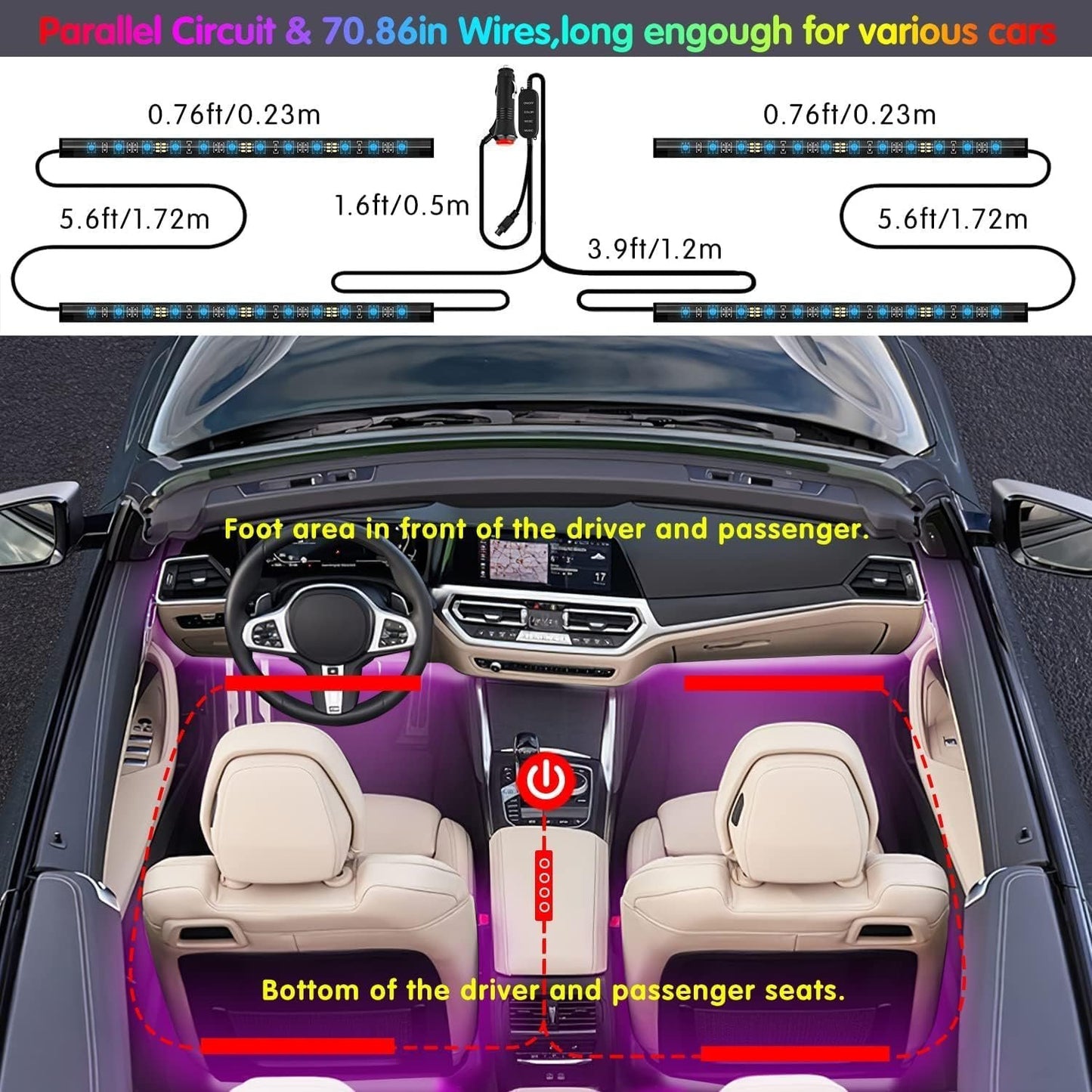 Keepsmile Car Accessories Interior Car LED Lights with Remote and APP Control Music Sync Color Change Under Dash RGB Car Lighting with Car Charger 12V 1A LED Lights for Car