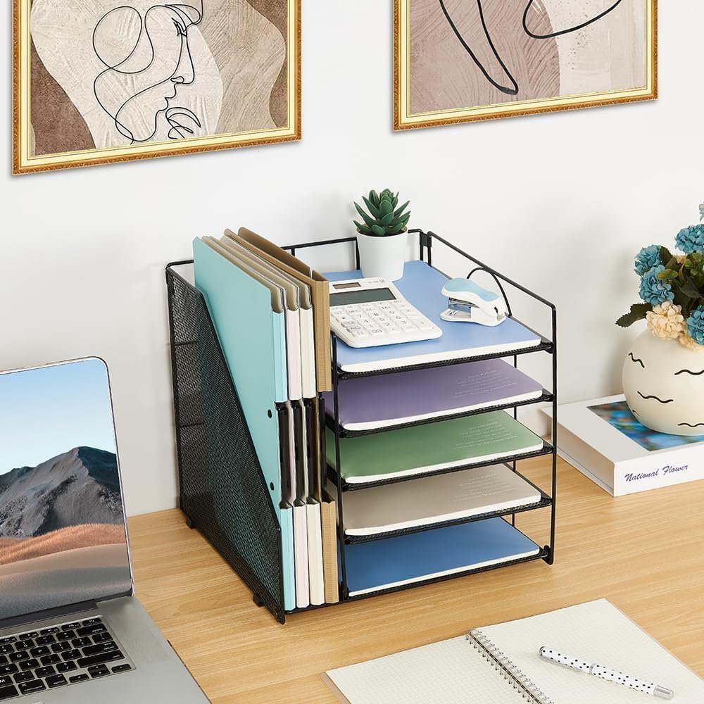 Gugsey Desk Organizer and Accessories, 5-Tier Paper Letter Tray with File Holder, Mesh Desktop File Organizers for School, Home, Office Supplies Organization and Storage (Black)