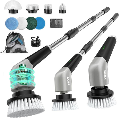 YKYI Electric Spin Scrubber,Bathroom Cleaning Brush, Electric Cleaning Brush with 8 Replaceable Brush Heads,2-Speed Shower Cleaner Brush with Long Handle for Bathroom, Tub, Kitchen, Window