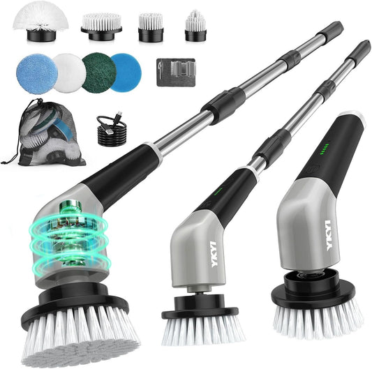YKYI Electric Spin Scrubber,Bathroom Cleaning Brush, Electric Cleaning Brush with 8 Replaceable Brush Heads,2-Speed Shower Cleaner Brush with Long Handle for Bathroom, Tub, Kitchen, Window