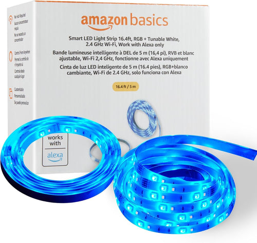 Amazon Basics Smart LED Light Strip, 5 Meters, RGB + Tunable White, Works with Alexa Only, 2.4 GHz Wi-Fi, No Hub Required