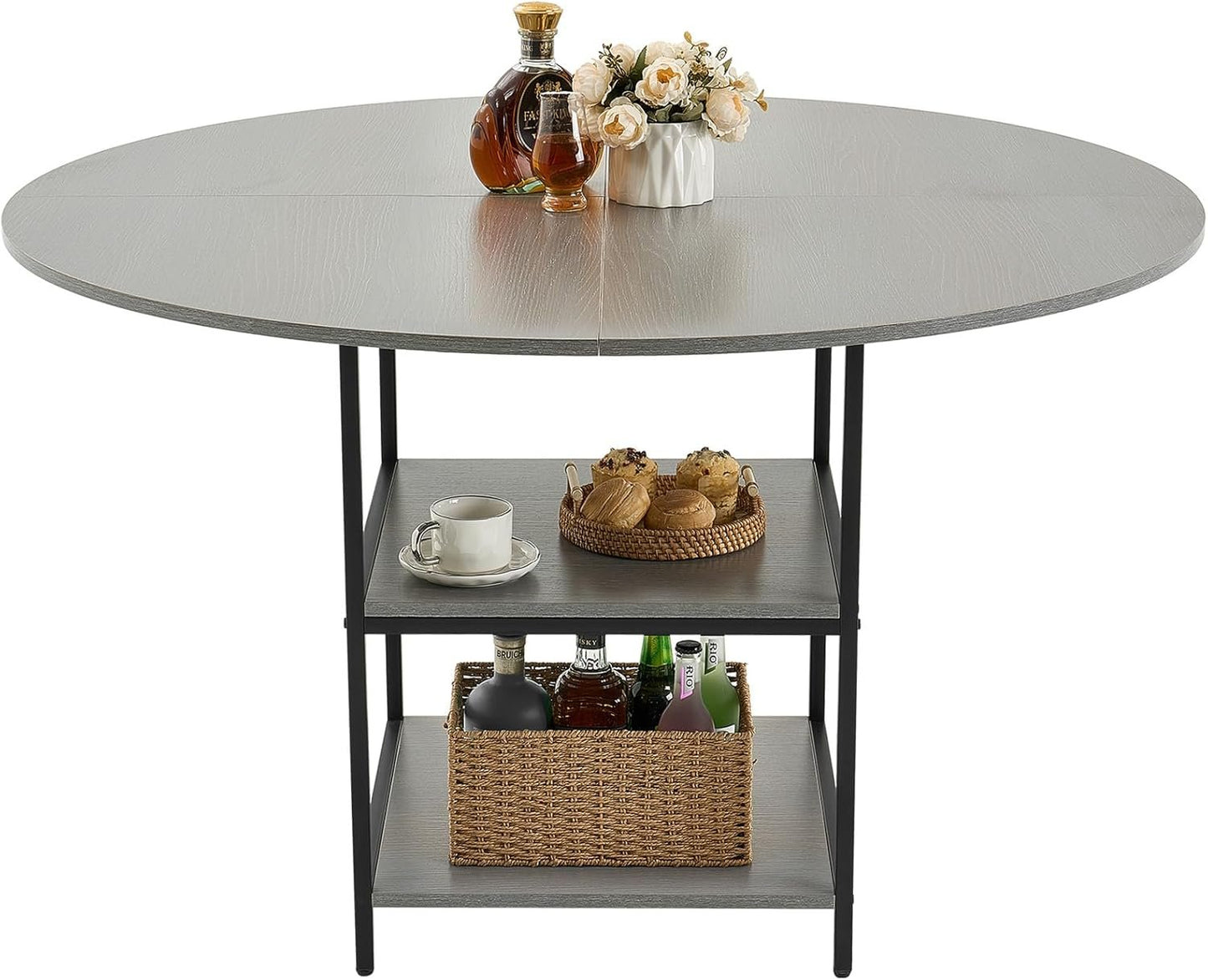 VEVOR Round Dining Table, 47 inch Wood Table for 2-4 Person, Modern Circle Dinner Furniture, Leisure Tables with Storage Shelf and Metal Legs, for Home Kitchen Living Room, Grey (Only Table)