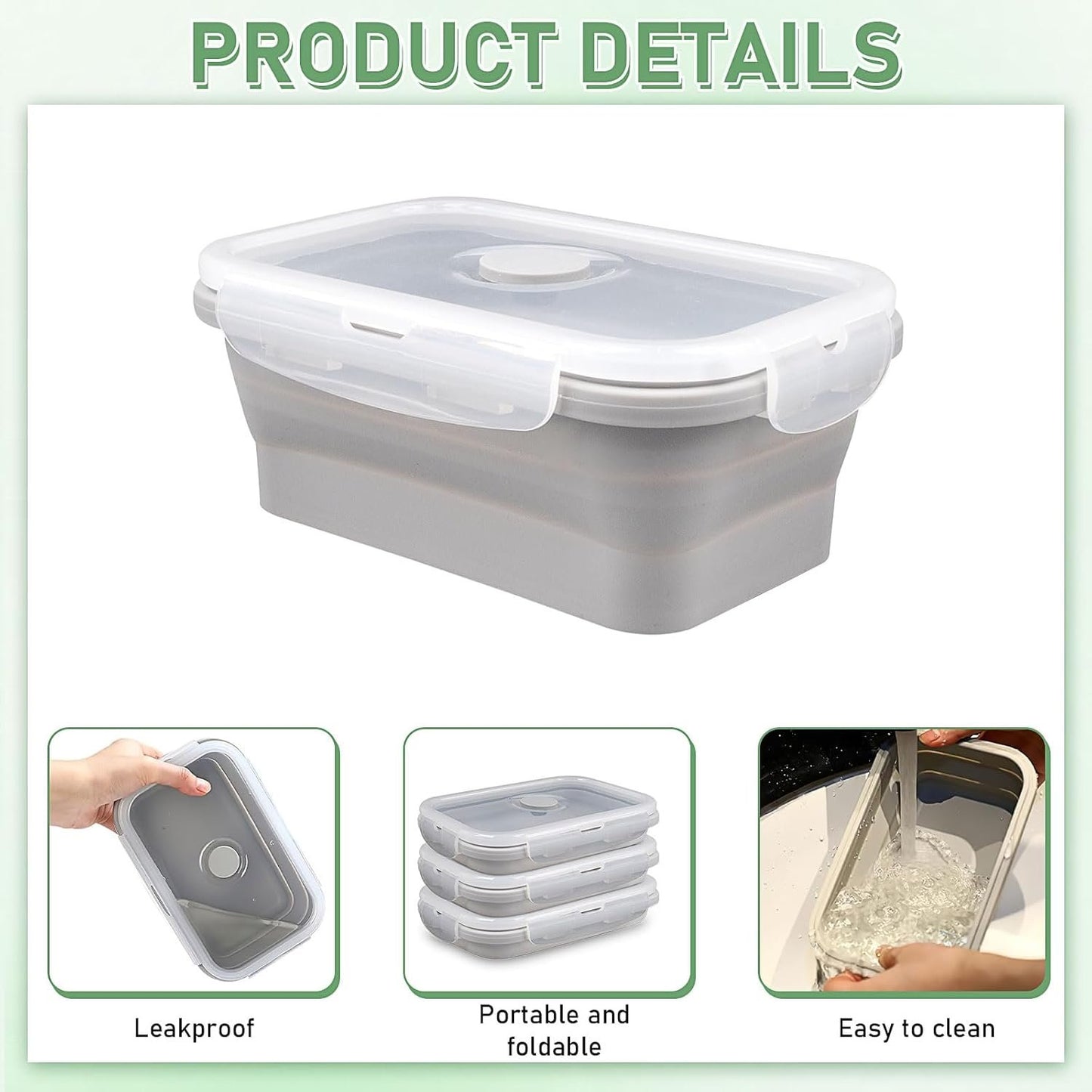 8 Pack 17 oz Silicone Collapsible Food Storage Containers Rectangle Meal Prep Container with Vent Lids Foldable Lunch Box for Camping Kitchen Microwave Dishwasher Freezer Safe (Gray)