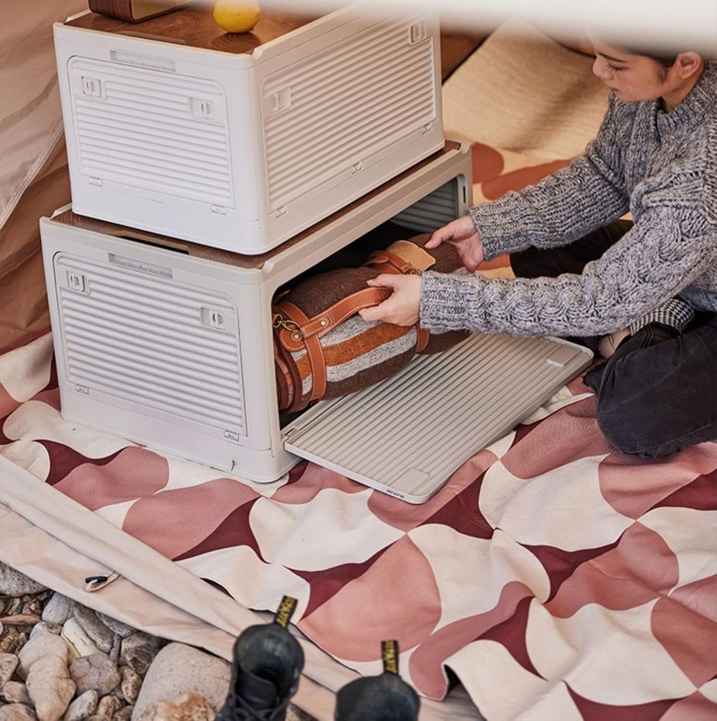 Radefasun Foldable Storage Bins with Wood Lids Plastic Collapsible Storage Box with Cutting Board Portable Stackable Grocery Books Container Folding Latching Storage Crate with Removable Pulley (S)