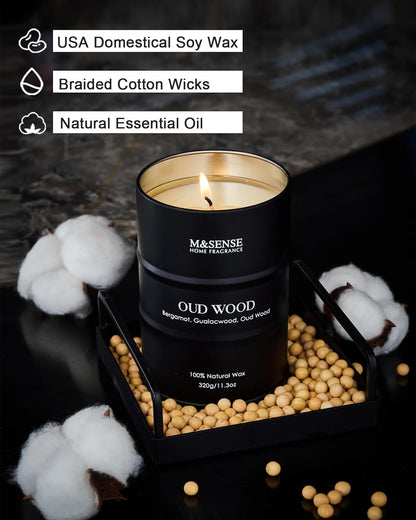 M&SENSE Oud Wood Scented Candles Natural Soy Wax, 11.3oz Tin Candle for Cozy Home Decor, Long Lasting Up to 70 Hours Burning Time, Unique Candle s for Men Women