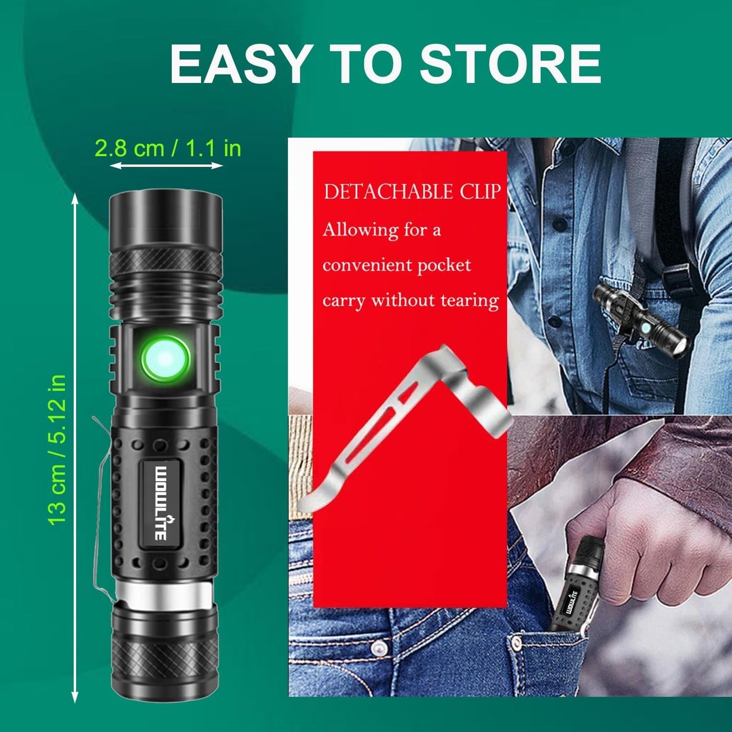 Rechargeable Flashlight [2 Pack], Wowlite Tactical Flashlight with Clip - High Lumens, 4 Light Modes, Water Resistant, Zoomable, Pocket-Sized LED Flashlight for Emergency Camping Hiking
