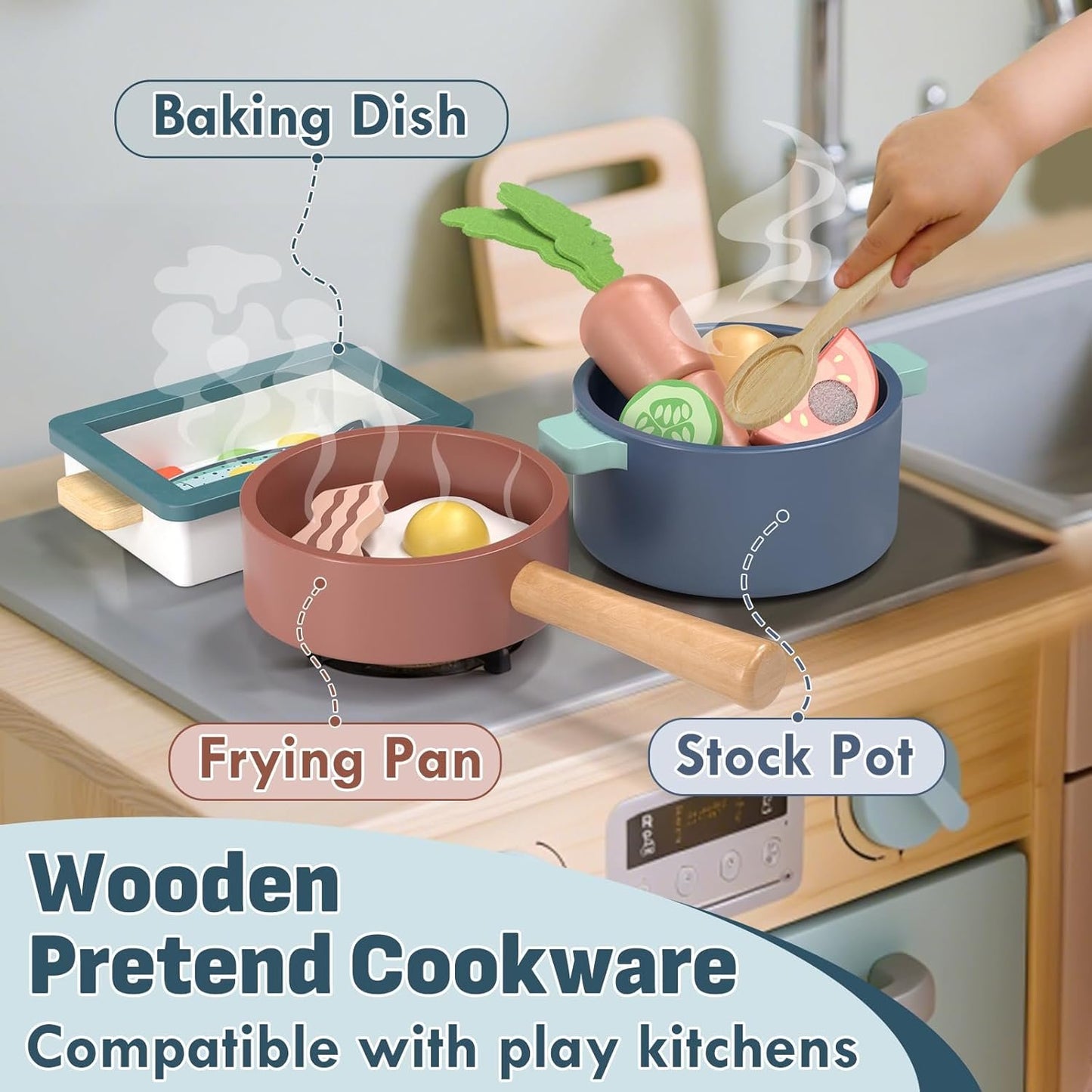 Lehoo Castle Wooden Play Kitchen Accessories, Play Pots and Pans Sets for Kids, Play Food Sets for Kids Kitchen, Toys Food Play Dishes for Toddlers 3-5 Girls