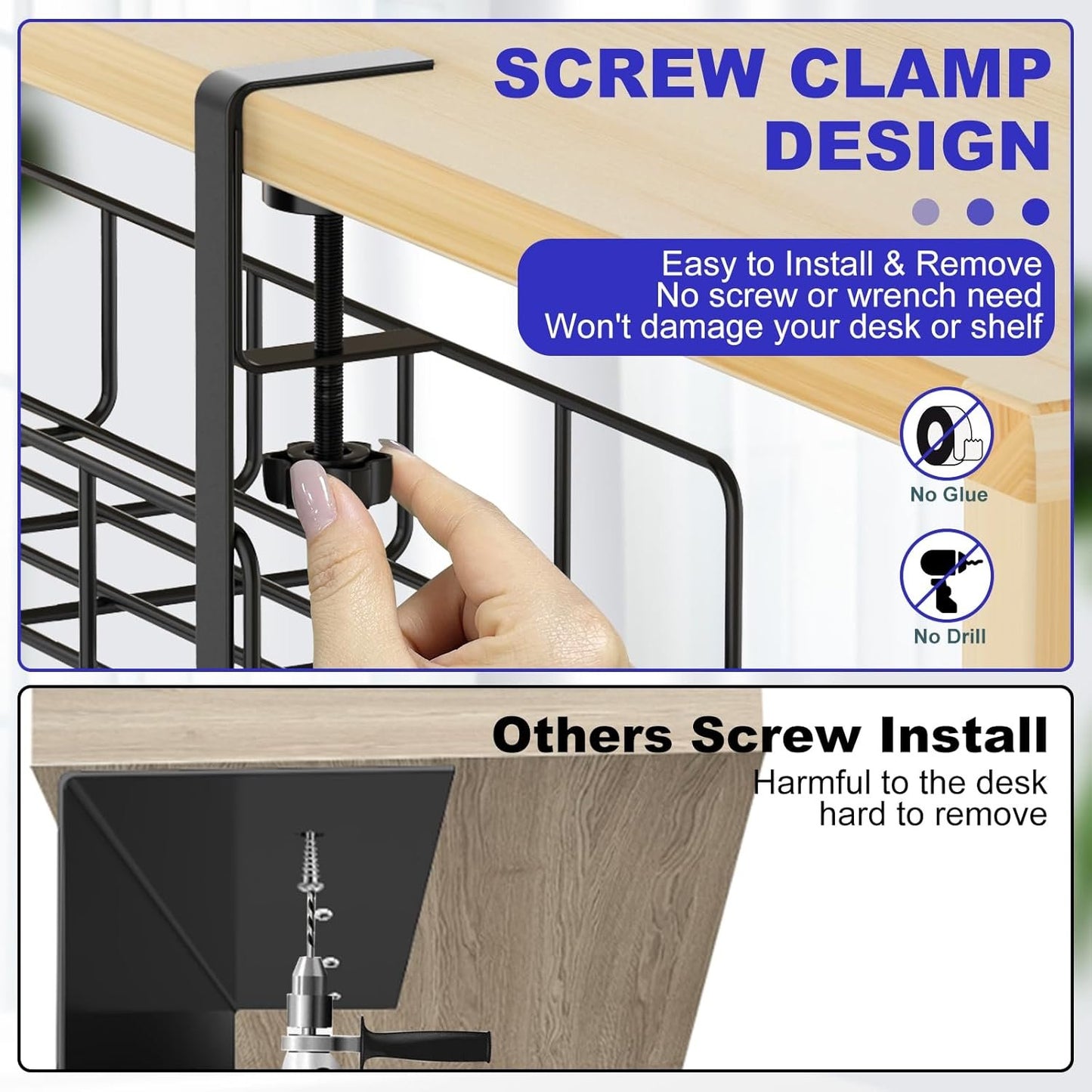 Under Desk Cable Management Tray, 15.7'' No Drill Steel Cable Tray Organizers, Wire Management Tray Cable Rack with Clamp Mount, Metal Under Desk Tray with Wire and Cord Organizer