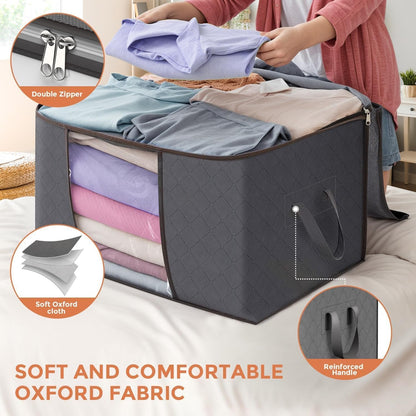 90 L Large Storage Bags, 6 Pack Clothes Storage Bins Foldable Closet Organizers and Storage Containers with Reinforced Handle for Clothing, Blanket, Comforters, Bed Sheets, Pillows and Toys (Gray)