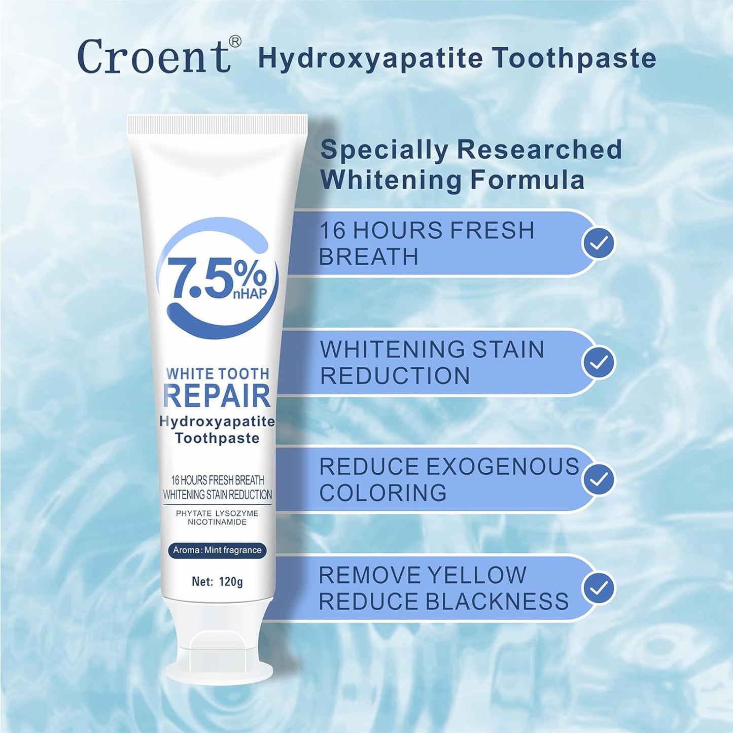 7.5% Hydroxyapatite Toothpaste, Hydroxyapatite Toothpaste that Breathes Fresh, Deep Cleaning Oral Care Toothpaste, Regenerate Hidroxiapatita Toothpaste for Sensitive Teeth, 120g, 2PC