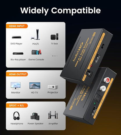 HDMI Audio Extractor Splitter, avedio links HDMI to HDMI Audio Converter + Optical Toslink SPDIF + L/R Stereo Analog Audio, HDMI Audio Adapter for Chromecast, Fire Stick (8K 60Hz)
