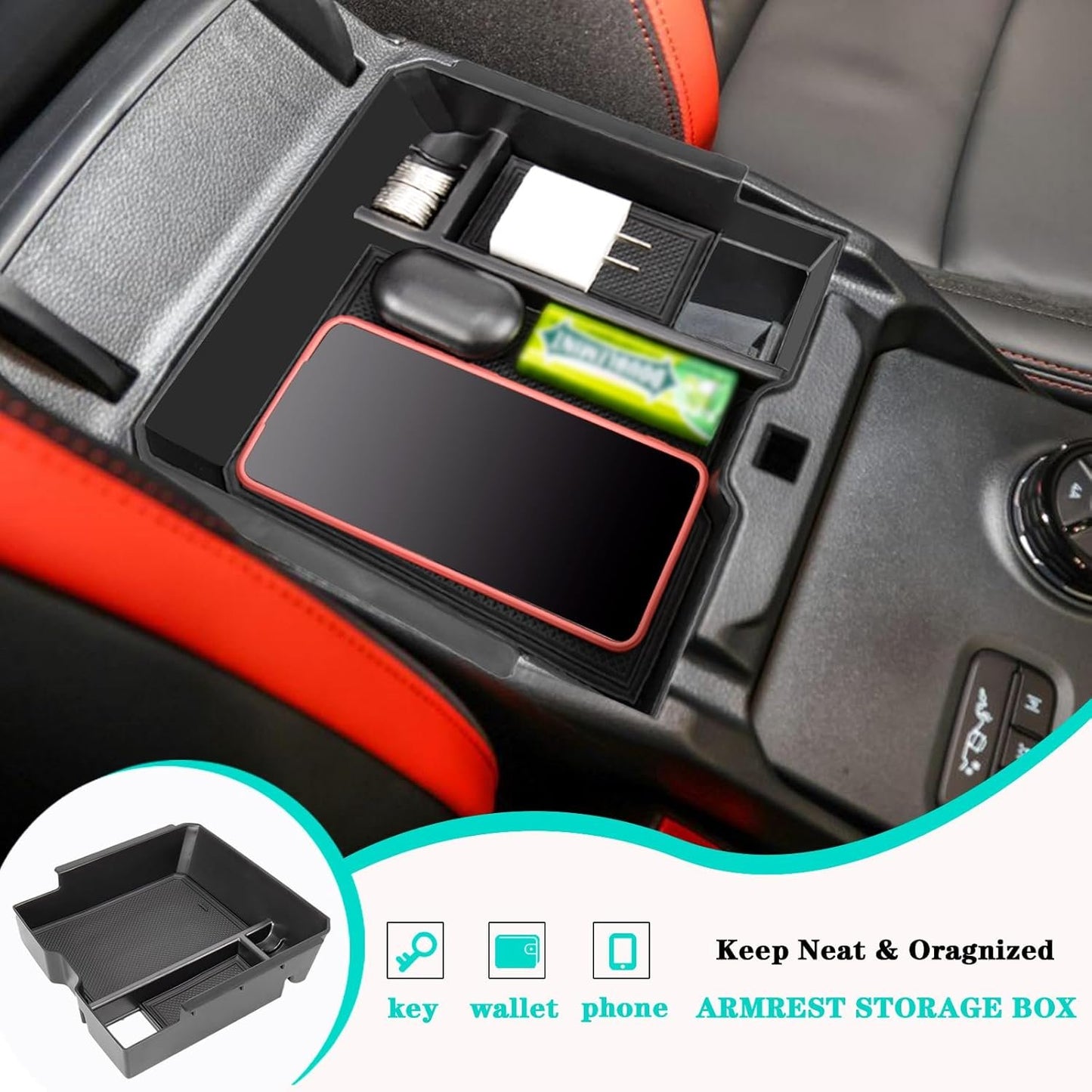 Neepiar Center Console Organizer Tray Compatible with 2024 Ford Ranger Raptor Lariat XL XLT Armrest Storage Box Insert Interior Accessories-ONLY FIT Electric Handbrake Version
