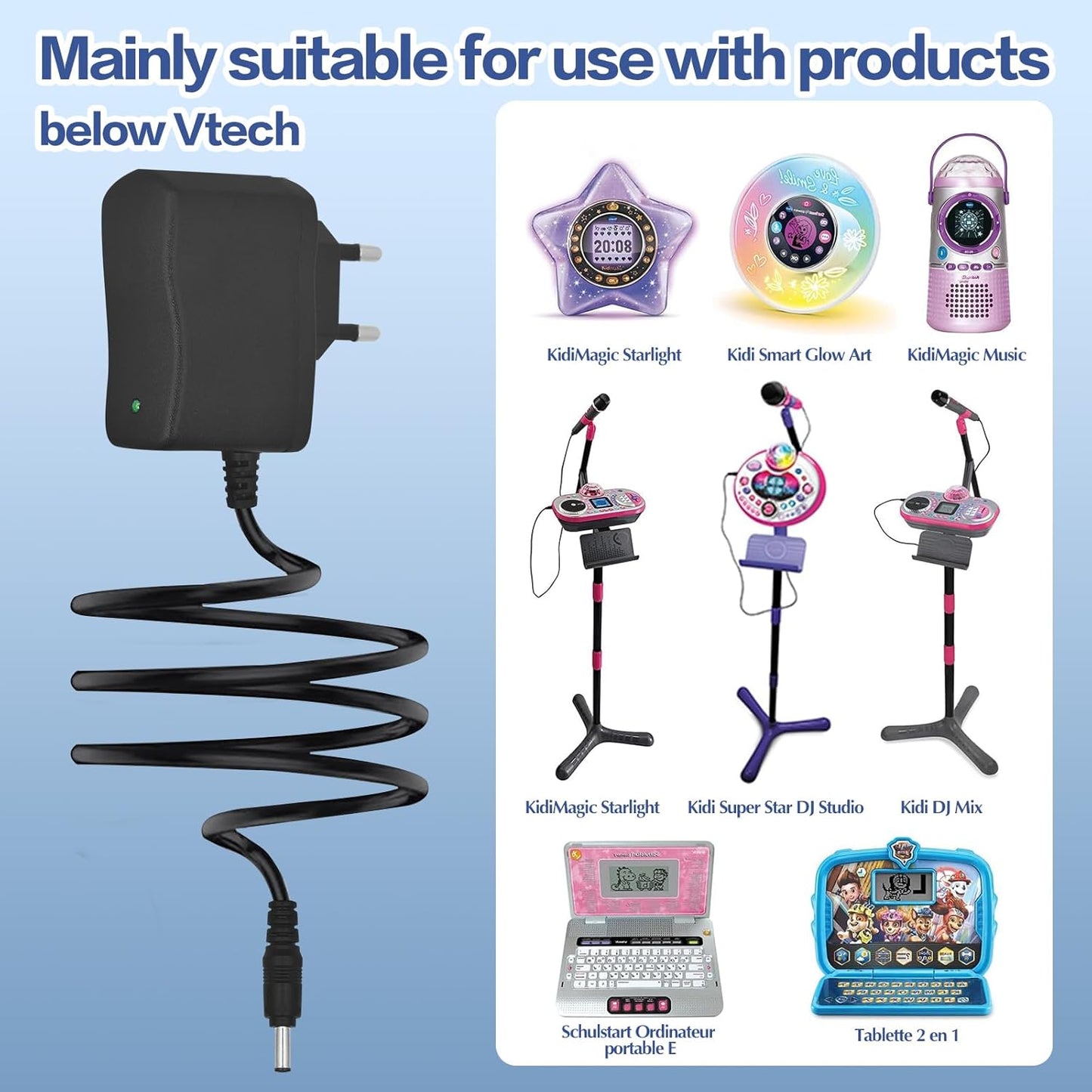 PIXESTT DC/AC Charger 6 V 1 A, Adapter for Charging Vetch and Other Electronic Devices 6 V 1 A, 1.8 m Long, with Two Conversion Cables