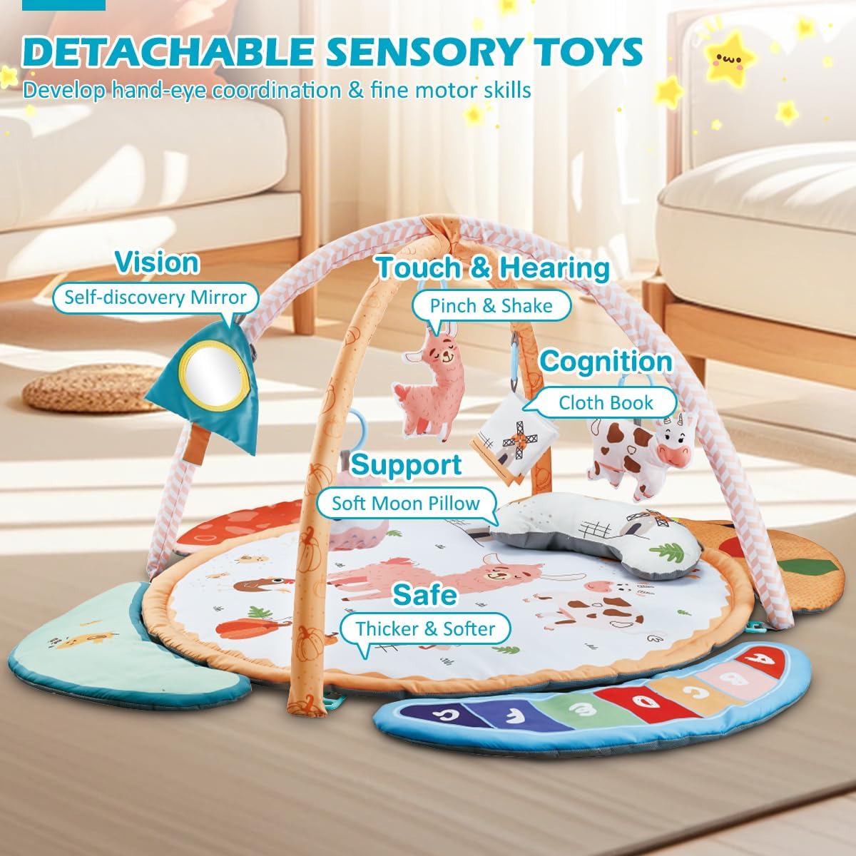 REMOKING Play Mat for Infant, Baby Play Gym for Tummy Time,Early Sensory Toys with Soft Rattles and Mirror, Newborn Toy for Baby Boy Girl 0-6-12-18 Months