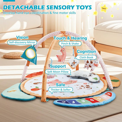 REMOKING Play Mat for Infant, Baby Play Gym for Tummy Time,Early Sensory Toys with Soft Rattles and Mirror, Newborn Toy for Baby Boy Girl 0-6-12-18 Months