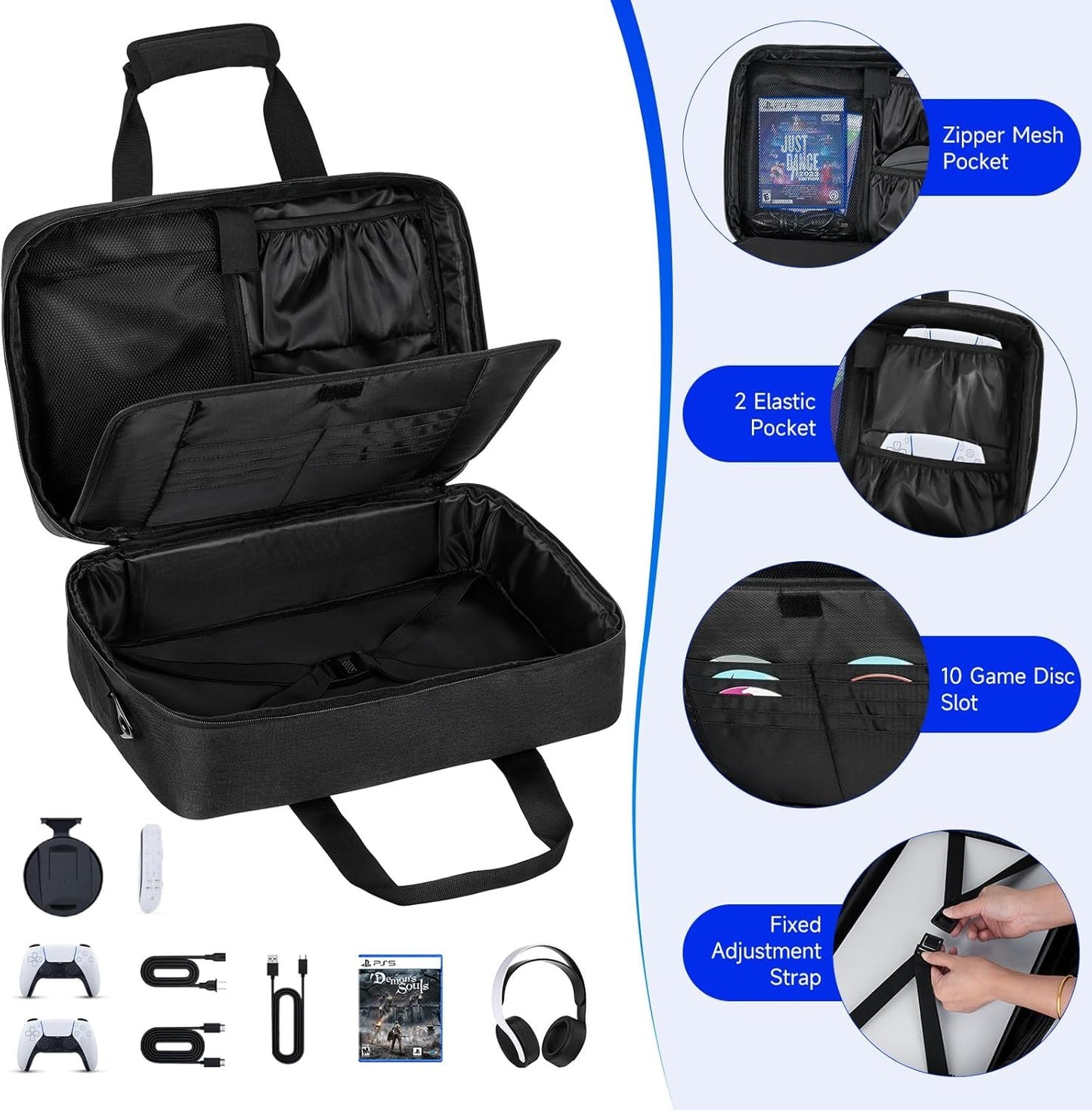 Carrying Case Compatible with PS5/PS5 Pro/PS4,Console Travel Case Compatible with Playstation 5/PS5 Digital Edition,Protective Storage Bag Fits for PS5 Controllers,Game Discs,Charger&Accessories-Black