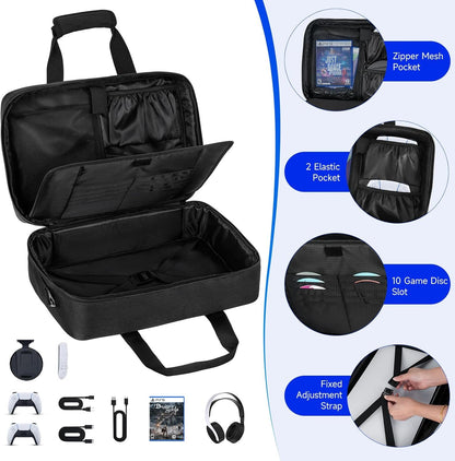 Carrying Case Compatible with PS5/PS5 Pro/PS4,Console Travel Case Compatible with Playstation 5/PS5 Digital Edition,Protective Storage Bag Fits for PS5 Controllers,Game Discs,Charger&Accessories-Black