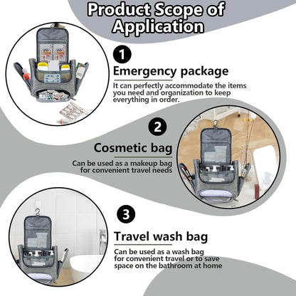 Hanging Travel Toiletry Bag for Women Men, Waterproof Cosmetic Makeup Organizer Bag Storage with Hook, Skincare Hygiene Bathroom Bag for Traveling Full Size Bottles (Gray)