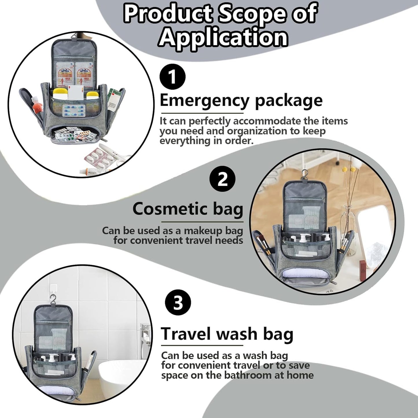 Hanging Travel Toiletry Bag for Women Men, Waterproof Cosmetic Makeup Organizer Bag Storage with Hook, Skincare Hygiene Bathroom Bag for Traveling (Gray)