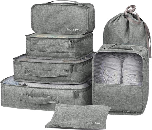 7-Piece Grey Packing Cube Set for Efficient Luggage Organization and Travel Storage