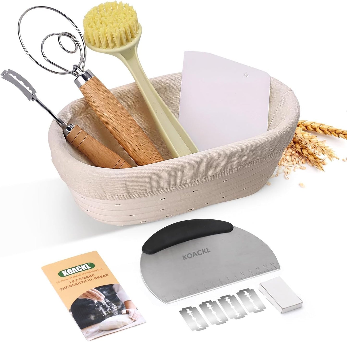 KOACKL Sourdough Starter Kit, 10" Oval Banneton Sourdough Bread Baking Supplies with Bread Scoring Lame, Scrapers, Dough Whisk, Sourdough Proofing Basket Tools for Fermentation