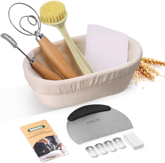 KOACKL Sourdough Starter Kit, 10" Oval Banneton Sourdough Bread Baking Supplies with Bread Scoring Lame, Scrapers, Dough Whisk, Sourdough Proofing Basket Tools for Fermentation