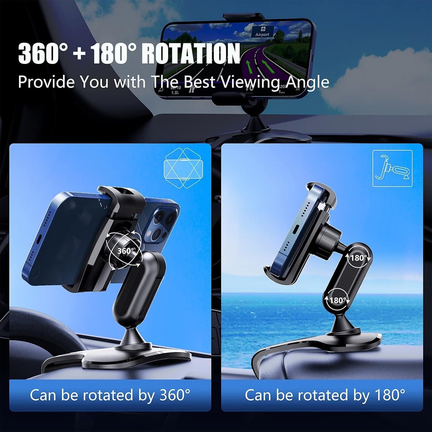 Car Phone Holder, Adjustable Mobile Phone Holder for Dashboard and Windshield, 360 Degree Rotation, Compatible with Mobile Phones from 4.0 to 7.0 Inches