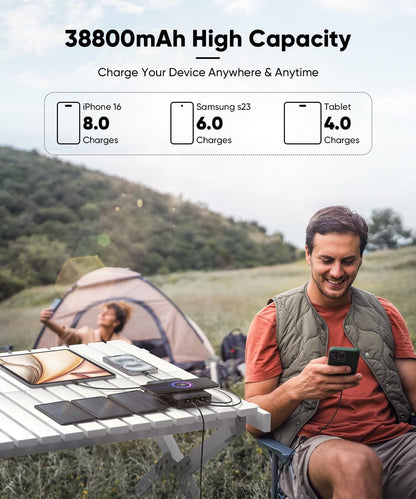 Solar-Charger-Power-Bank - 38800mAh with Dual 5V3.1A Outputs 10W Qi Wireless Charger Waterproof Built-in 4 Solar Panel and Bright Flashlights