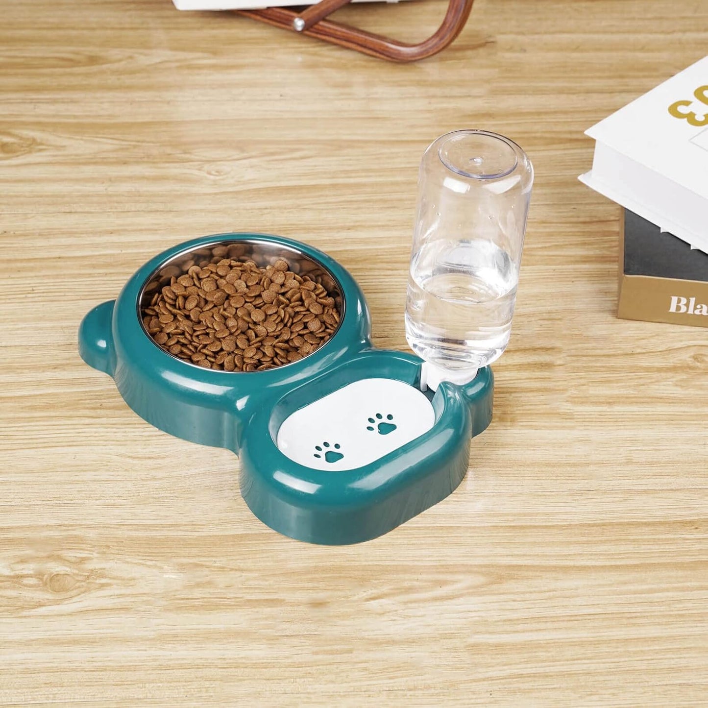 Azwraith Dog Bowl Set, Cat Food and Water with Water Dispenser and Stainless Steel Bowl for Cats and Small Dogs, Dark Green