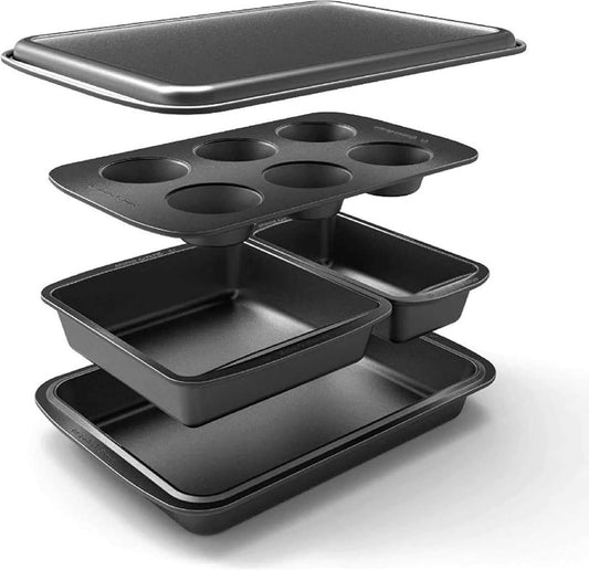 Baker's Secret Stackable Baking Set of 5 Bakeware Pans, Bakeware Set, Baking Pan Set Includes Muffin Pan, Roaster Pan, Square Pan, Cookie Sheet, Loaf Pan, Baking Supplies