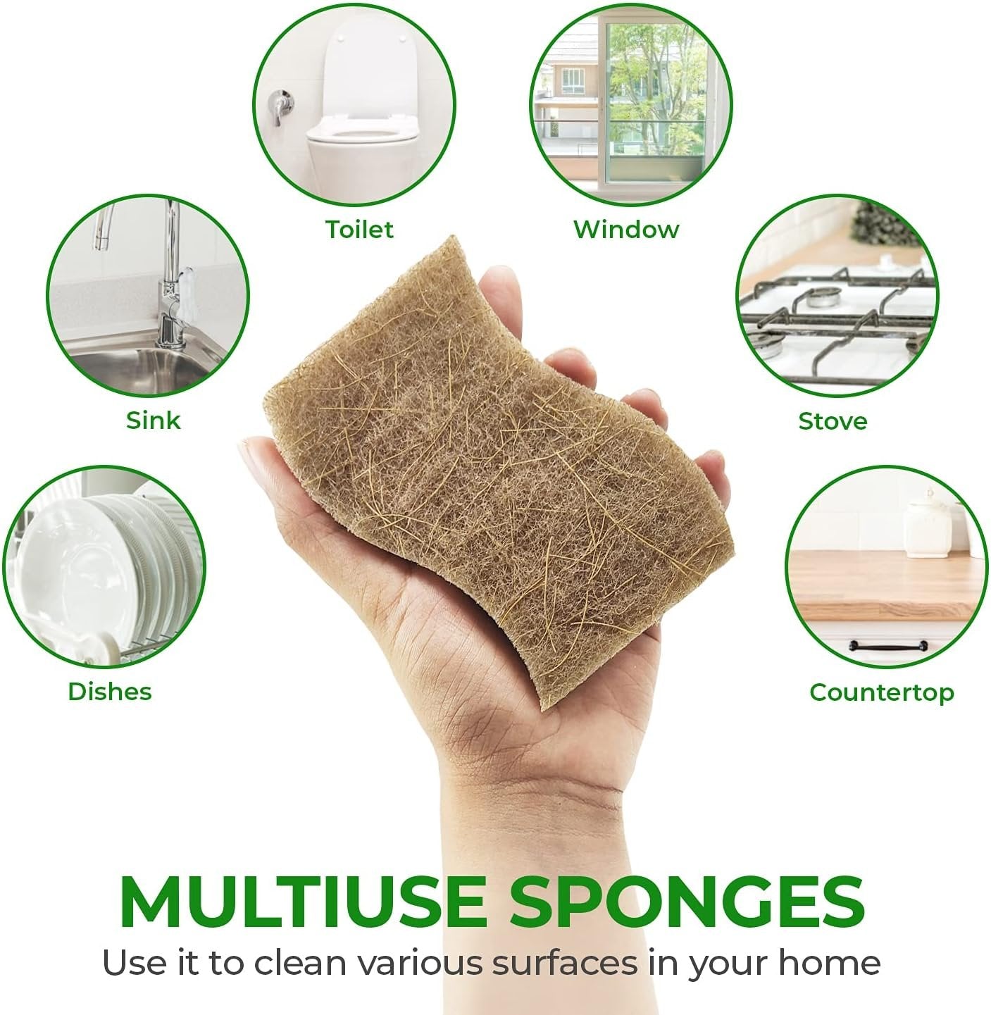AIRNEX 6 Pack Biodegradable Natural Kitchen Sponges - Eco Friendly Cellulose and Coconut Husk - Non Scratch, Odourless, Dual Sided, Multipurpose, Sponges for Dishes with Dish Scrubber