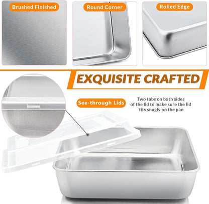 8 x 8-Inch Baking Pan with lid, E-far Square Cake Brownie Baking Pans Stainless Steel Bakeware Set of 2, Non-toxic & Healthy, Easy Clean & Dishwasher Safe - 4 Pieces(2 Pans + 2 Lids)