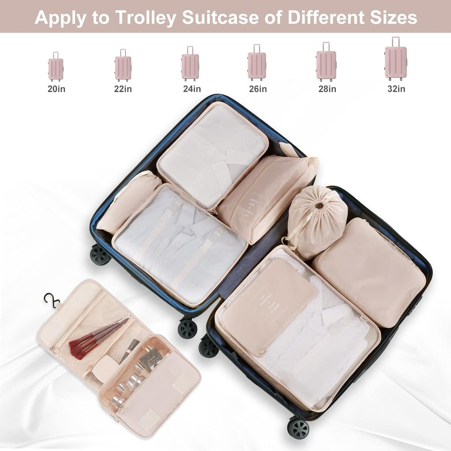 TAMOWA Organizer Suitcases Set of 9, Travel Cube Packing Cubes, Cosmetics Clothing Underwear Footwear Organizers Sacks Storage Suitcase Set, beige, L