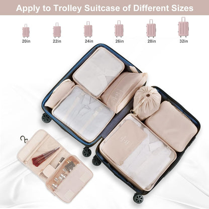 TAMOWA Organizer Suitcases Set of 9, Travel Cube Packing Cubes, Cosmetics Clothing Underwear Footwear Organizers Sacks Storage Suitcase Set, beige, L
