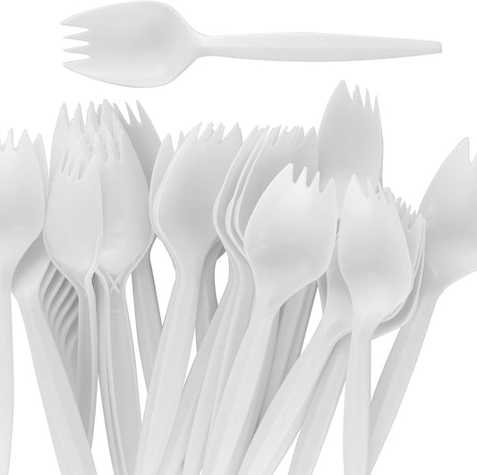BPA-Free White Disposable Sporks 100 Pk. Recyclable, Eco-Friendly and Kid-Safe 2-in-1 Utensils Built Strong to Last Large Meals. Great for School Lunch, Picnics or Restaurant and Party Supply