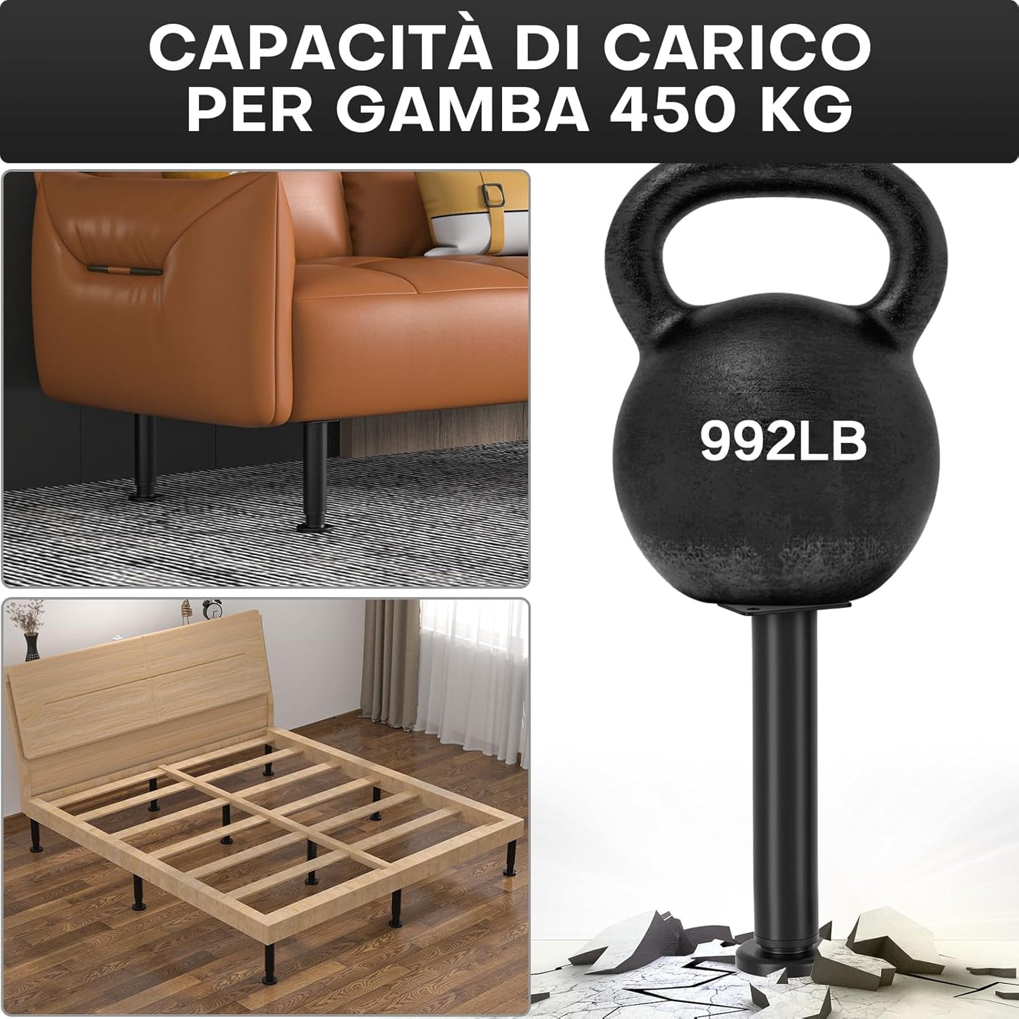 VETIN 4 Pieces Furniture Legs, Furniture Feet Adjustable Height 18-32 cm, Black Metal Support Feet, Furniture Legs for TV Cabinet, Bed, Sofa, Bedside, Bathroom, Cabinet