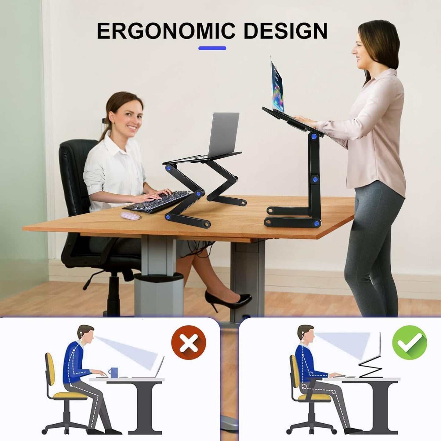 Desk Stand Table with Cooling Fan, Foldable Adjustable Aluminum Portable Laptop Stand Work Study Tv Bed Lap Tray Flexible Portable Reading Holder with CPU Fans Side-Mount Mouse Pad (Black)