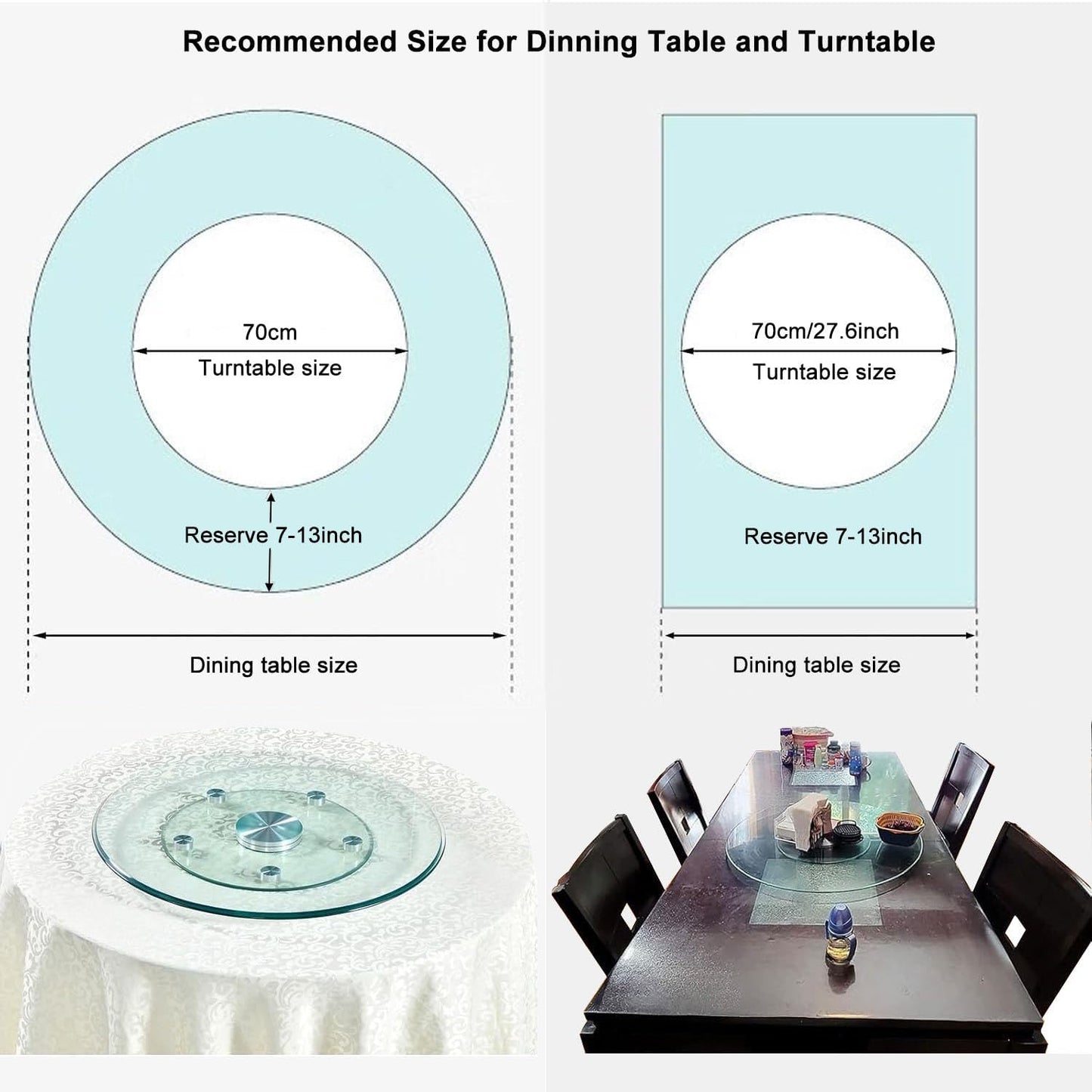 27" Glass Lazy Susan Turntable Large Dining Table, Kitchen Round Clear Tabletop Rotating Tray with Swivel Assist System, Silent & Smooth Spin Table Centerpiece